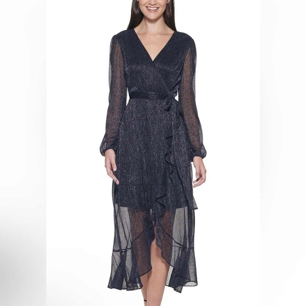 Kensie Metallic Crinkle Navy Blue Belted Faux Wrap Ruffle Midi Dress Size 2 NWT